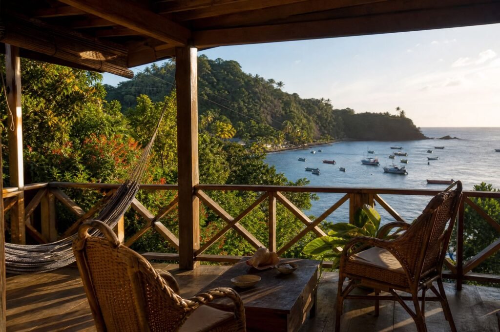 Veranda at Almond Tree Cottage with two chairs and a view of the bay