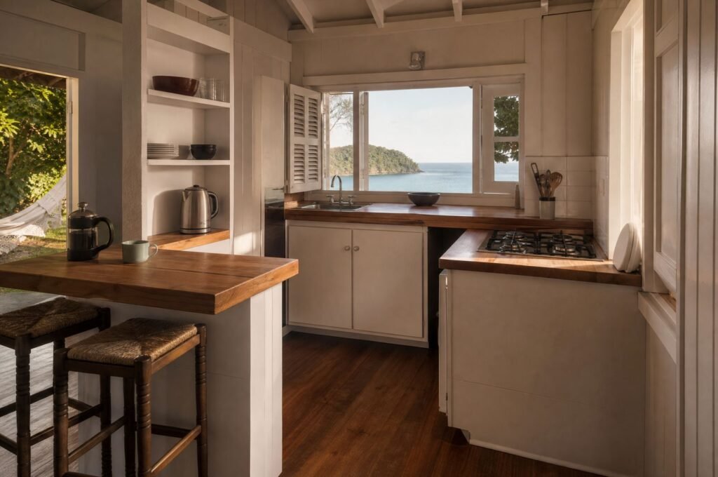 Small kitchen with a breakfast bar at Almond Tree Cottage