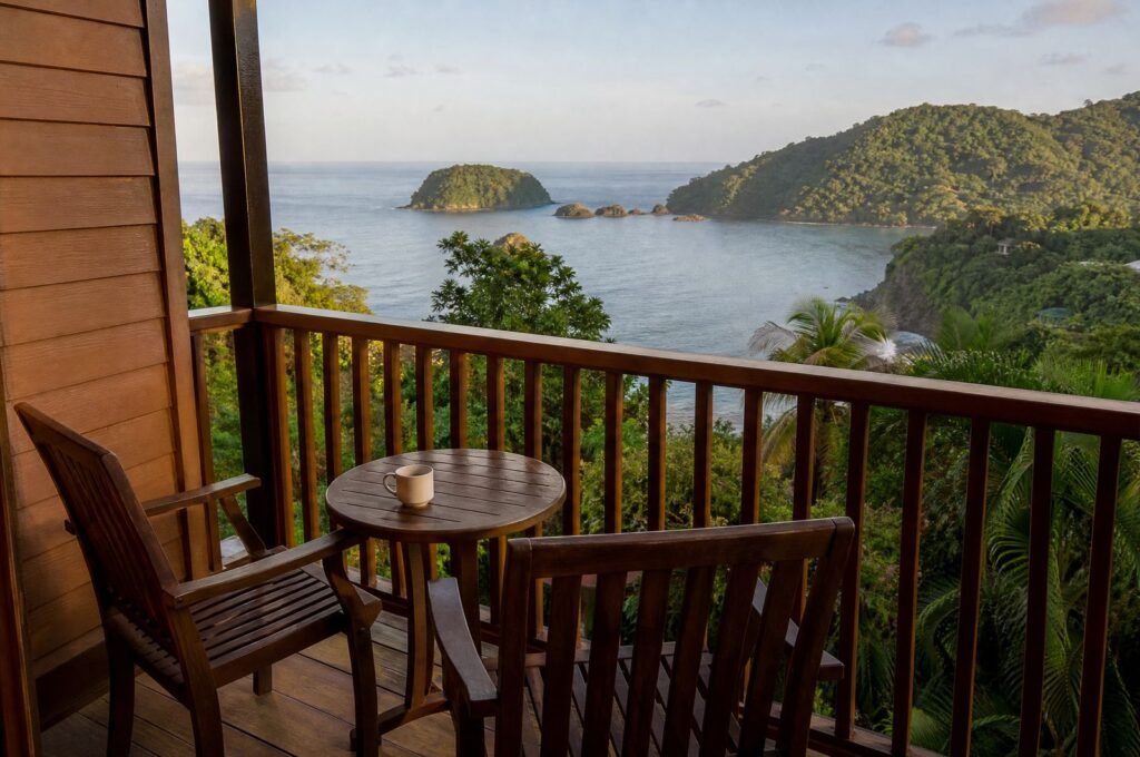 Balcony of the Bay View Room in morning light