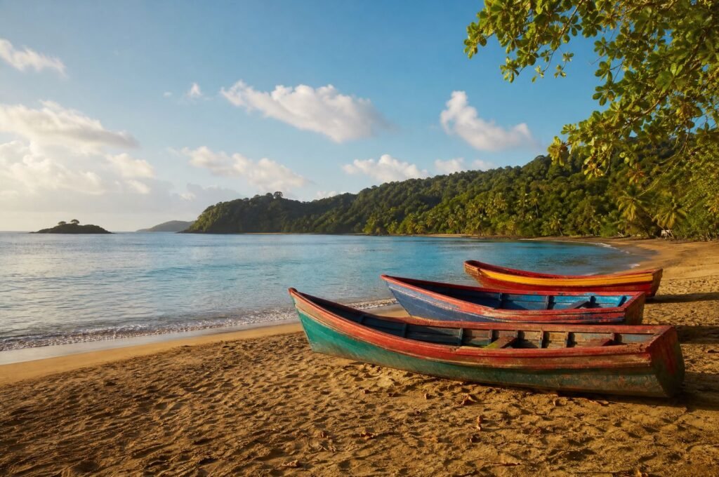 Castara beach with fishing boats in the early morning