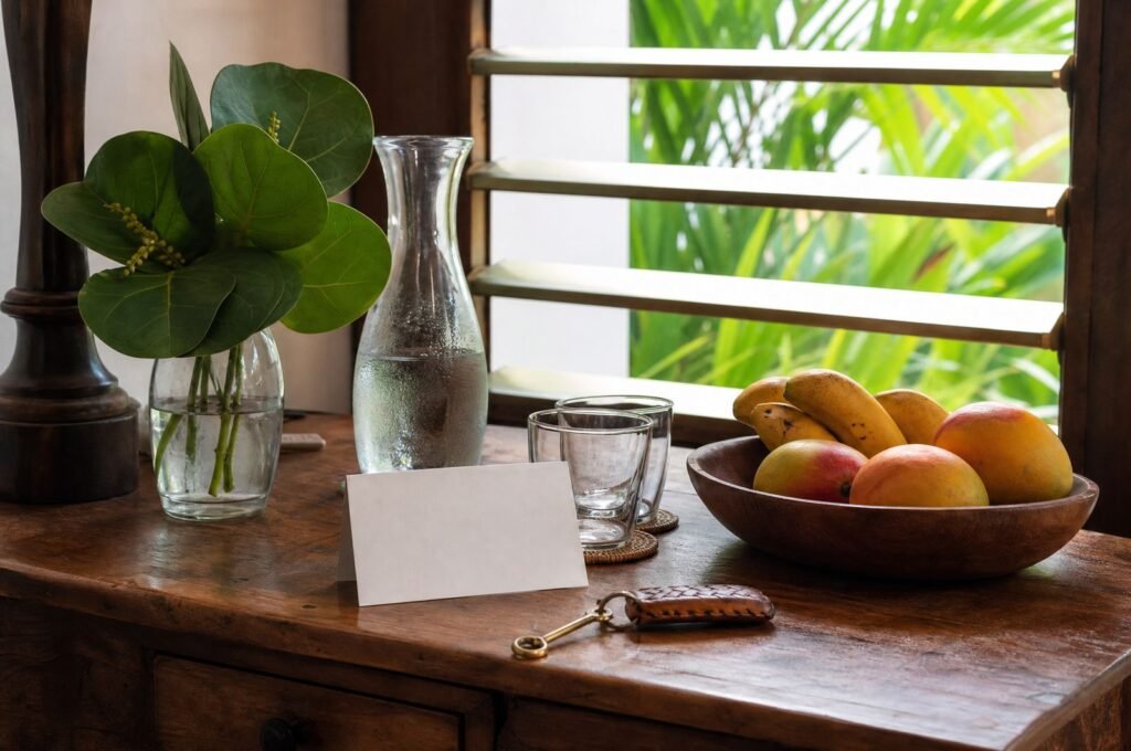 Welcome table with a key, fresh fruit and a handwritten card