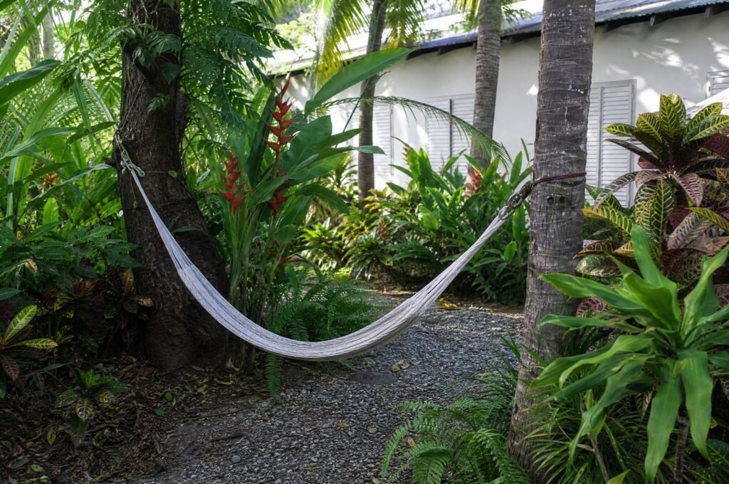 Garden with a hammock and heliconias outside the Garden Room