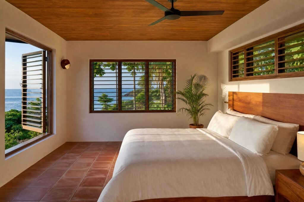 Master bedroom at Seagrape House with white linen and louvred windows