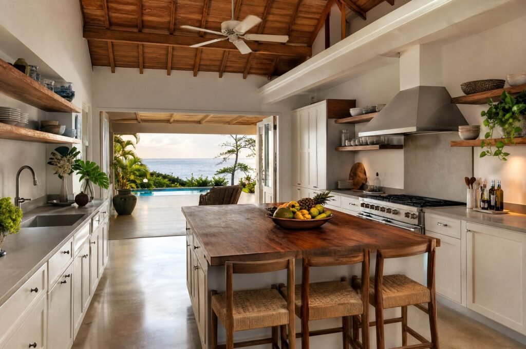 Kitchen island at Seagrape House looking through to the pool