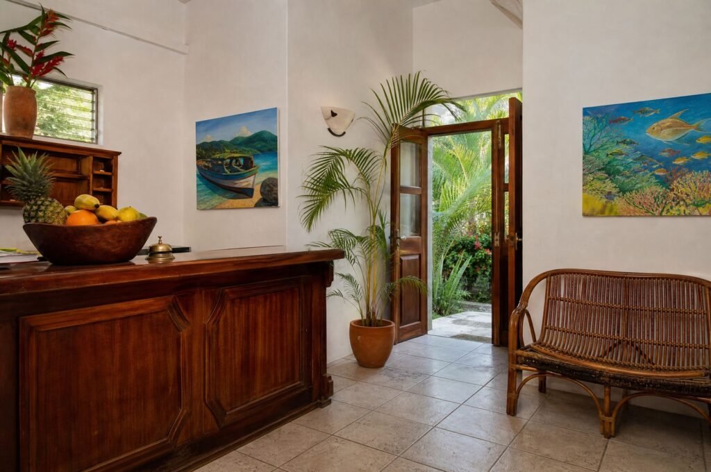 Reception area at the Speyside guesthouse with local artwork